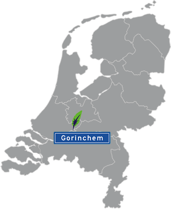 Grijze kaart van Nederland met Gorinchem aangegeven voor maatwerk taalcursus Duits zakelijk - blauw plaatsnaambord met witte letters en Dagnall veer - transparante achtergrond - 600 * 733 pixels